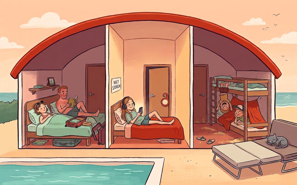 Illustratie: een vakantiehuis opengewerkt als een poppenhuis. Papa en mama in kamer één, een tienermeisje relaxed op haar eigen bed in kamer twee, en haar twee broertjes op een stapelbed in kamer drie.